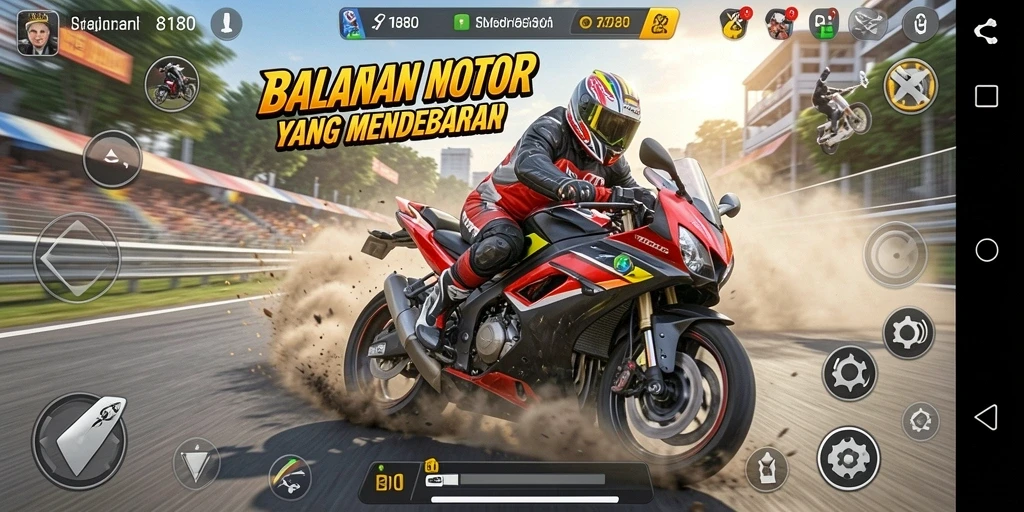 Screenshot utama 8180 menampilkan aksi balapan motor yang cepat.