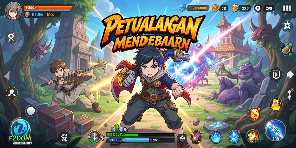 Tampilan gameplay F200M yang menampilkan aksi seru karakter anime.
