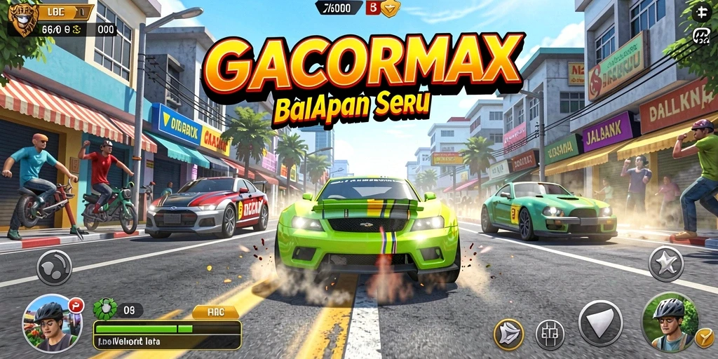 Tampilan utama GACORMAX menampilkan aksi balapan seru di berbagai trek.