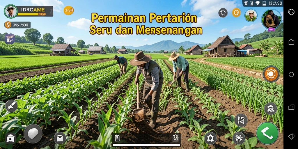 Tampilan utama gameplay IDRGAME menampilkan lahan pertanian yang subur dan beragam aktivitas bertani.