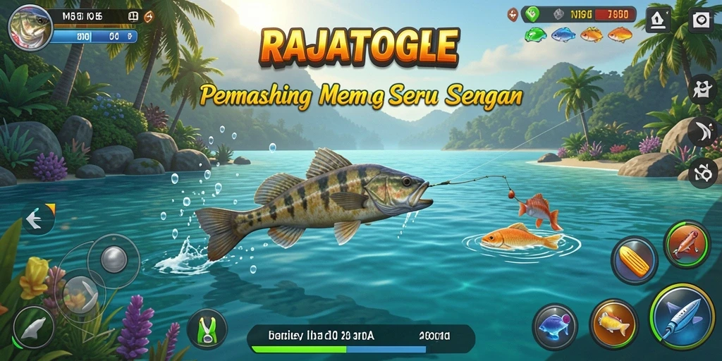 Screenshot gameplay RAJATOGEL dengan ikan yang sedang ditangkap.