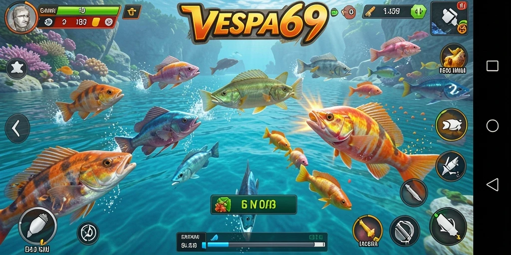 Tampilan gameplay VESPA69 menembak ikan yang penuh warna dan dinamis.